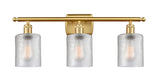 516-3W-SG-G112 3-Light 26" Satin Gold Bath Vanity Light - Clear Cobbleskill Glass - LED Bulb - Dimmensions: 26 x 6.5 x 9.5 - Glass Up or Down: Yes
