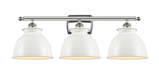 516-3W-SN-M14-W 3-Light 28" Brushed Satin Nickel Bath Vanity Light - White Adirondack Shade - LED Bulb - Dimmensions: 28 x 10 x 12 - Glass Up or Down: Yes