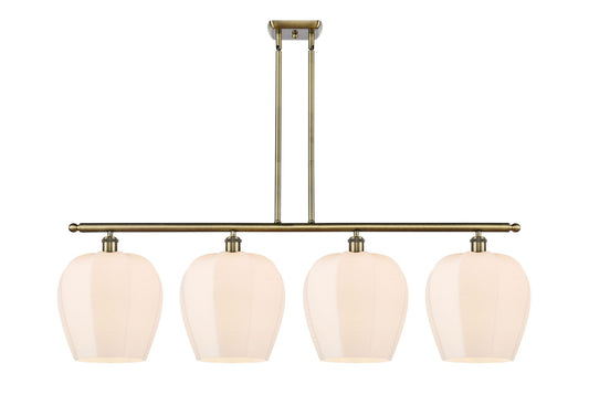 516-4I-AB-G461-12 4-Light 50" Antique Brass Island Light - Matte White Norfolk Glass - LED Bulb - Dimmensions: 50 x 11.75 x 15.625<br>Minimum Height : 24.625<br>Maximum Height : 48.625 - Sloped Ceiling Compatible: Yes
