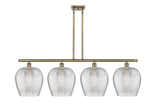 516-4I-AB-G462-12 4-Light 50" Antique Brass Island Light - Clear Norfolk Glass - LED Bulb - Dimmensions: 50 x 11.75 x 15.625<br>Minimum Height : 24.625<br>Maximum Height : 48.625 - Sloped Ceiling Compatible: Yes
