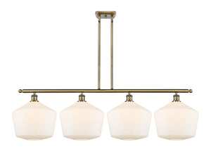 516-4I-AB-G651-12 4-Light 50.25" Antique Brass Island Light - Cased Matte White Cindyrella 12" Glass - LED Bulb - Dimmensions: 50.25 x 12 x 13<br>Minimum Height : 22<br>Maximum Height : 46 - Sloped Ceiling Compatible: Yes