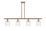 516-4I-AC-G1113 4-Light 48" Antique Copper Island Light - Deco Swirl Cobbleskill Glass - LED Bulb - Dimmensions: 48 x 5 x 10<br>Minimum Height : 19.375<br>Maximum Height : 43.375 - Sloped Ceiling Compatible: Yes