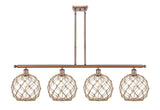 516-4I-AC-G122-10RB 4-Light 48" Antique Copper Island Light - Clear Large Farmhouse Glass with Brown Rope Glass - LED Bulb - Dimmensions: 48 x 10 x 13<br>Minimum Height : 22.375<br>Maximum Height : 46.375 - Sloped Ceiling Compatible: Yes