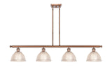 516-4I-AC-G422 4-Light 48" Antique Copper Island Light - Clear Arietta Glass - LED Bulb - Dimmensions: 48 x 8 x 9<br>Minimum Height : 19.375<br>Maximum Height : 43.375 - Sloped Ceiling Compatible: Yes