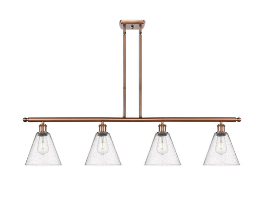 516-4I-AC-GBC-84 4-Light 48" Antique Copper Island Light - Seedy Ballston Cone Glass - LED Bulb - Dimmensions: 48 x 8 x 11.25<br>Minimum Height : 20.25<br>Maximum Height : 44.25 - Sloped Ceiling Compatible: Yes