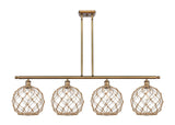 516-4I-BB-G122-10RB 4-Light 48" Brushed Brass Island Light - Clear Large Farmhouse Glass with Brown Rope Glass - LED Bulb - Dimmensions: 48 x 10 x 13<br>Minimum Height : 22.375<br>Maximum Height : 46.375 - Sloped Ceiling Compatible: Yes