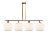 516-4I-BB-G651-12 4-Light 50.25" Brushed Brass Island Light - Cased Matte White Cindyrella 12" Glass - LED Bulb - Dimmensions: 50.25 x 12 x 13<br>Minimum Height : 22<br>Maximum Height : 46 - Sloped Ceiling Compatible: Yes