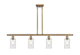 516-4I-BB-G802 4-Light 48" Brushed Brass Island Light - Clear Clymer Glass - LED Bulb - Dimmensions: 48 x 3.875 x 12<br>Minimum Height : 21.375<br>Maximum Height : 45.375 - Sloped Ceiling Compatible: Yes