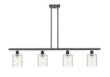 516-4I-BK-G1113 4-Light 48" Matte Black Island Light - Deco Swirl Cobbleskill Glass - LED Bulb - Dimmensions: 48 x 5 x 10<br>Minimum Height : 19.375<br>Maximum Height : 43.375 - Sloped Ceiling Compatible: Yes