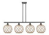 516-4I-BK-G122-10RB 4-Light 48" Matte Black Island Light - Clear Large Farmhouse Glass with Brown Rope Glass - LED Bulb - Dimmensions: 48 x 10 x 13<br>Minimum Height : 22.375<br>Maximum Height : 46.375 - Sloped Ceiling Compatible: Yes