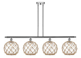 516-4I-PC-G122-10RB 4-Light 48" Polished Chrome Island Light - Clear Large Farmhouse Glass with Brown Rope Glass - LED Bulb - Dimmensions: 48 x 10 x 13<br>Minimum Height : 22.375<br>Maximum Height : 46.375 - Sloped Ceiling Compatible: Yes