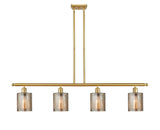 516-4I-SG-G116 4-Light 48" Satin Gold Island Light - Mercury Cobbleskill Glass - LED Bulb - Dimmensions: 48 x 5 x 10<br>Minimum Height : 19.375<br>Maximum Height : 43.375 - Sloped Ceiling Compatible: Yes