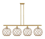 516-4I-SG-G122-10RB 4-Light 48" Satin Gold Island Light - Clear Large Farmhouse Glass with Brown Rope Glass - LED Bulb - Dimmensions: 48 x 10 x 13<br>Minimum Height : 22.375<br>Maximum Height : 46.375 - Sloped Ceiling Compatible: Yes