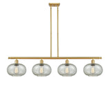 516-4I-SG-G249 4-Light 48" Satin Gold Island Light - Mica Gorham Glass - LED Bulb - Dimmensions: 48 x 9.5 x 10<br>Minimum Height : 20.375<br>Maximum Height : 44.375 - Sloped Ceiling Compatible: Yes