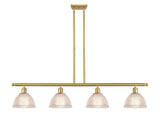 516-4I-SG-G422 4-Light 48" Satin Gold Island Light - Clear Arietta Glass - LED Bulb - Dimmensions: 48 x 8 x 9<br>Minimum Height : 19.375<br>Maximum Height : 43.375 - Sloped Ceiling Compatible: Yes