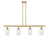 516-4I-SG-G802 4-Light 48" Satin Gold Island Light - Clear Clymer Glass - LED Bulb - Dimmensions: 48 x 3.875 x 12<br>Minimum Height : 21.375<br>Maximum Height : 45.375 - Sloped Ceiling Compatible: Yes