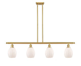 516-4I-SG-G81 4-Light 48" Satin Gold Island Light - Matte White Eaton Glass - LED Bulb - Dimmensions: 48 x 5.5 x 10<br>Minimum Height : 20.375<br>Maximum Height : 44.375 - Sloped Ceiling Compatible: Yes