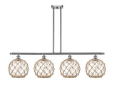 516-4I-SN-G122-10RB 4-Light 48" Brushed Satin Nickel Island Light - Clear Large Farmhouse Glass with Brown Rope Glass - LED Bulb - Dimmensions: 48 x 10 x 13<br>Minimum Height : 22.375<br>Maximum Height : 46.375 - Sloped Ceiling Compatible: Yes