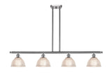 516-4I-SN-G422 4-Light 48" Brushed Satin Nickel Island Light - Clear Arietta Glass - LED Bulb - Dimmensions: 48 x 8 x 9<br>Minimum Height : 19.375<br>Maximum Height : 43.375 - Sloped Ceiling Compatible: Yes