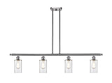 516-4I-SN-G802 4-Light 48" Brushed Satin Nickel Island Light - Clear Clymer Glass - LED Bulb - Dimmensions: 48 x 3.875 x 12<br>Minimum Height : 21.375<br>Maximum Height : 45.375 - Sloped Ceiling Compatible: Yes