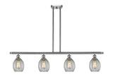 516-4I-SN-G82 4-Light 48" Brushed Satin Nickel Island Light - Clear Eaton Glass - LED Bulb - Dimmensions: 48 x 5.5 x 10<br>Minimum Height : 20.375<br>Maximum Height : 44.375 - Sloped Ceiling Compatible: Yes