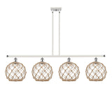516-4I-WPC-G122-10RB 4-Light 48" White and Polished Chrome Island Light - Clear Large Farmhouse Glass with Brown Rope Glass - LED Bulb - Dimmensions: 48 x 10 x 13<br>Minimum Height : 22.375<br>Maximum Height : 46.375 - Sloped Ceiling Compatible: Yes