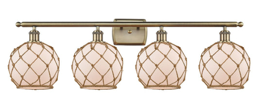 4-Light 36" Antique Brass Bath Vanity Light - White Farmhouse Glass with Brown Rope Glass LED