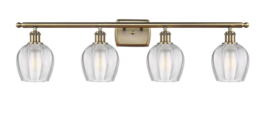 516-4W-AB-G462-6 4-Light 36" Antique Brass Bath Vanity Light - Clear Norfolk Glass - LED Bulb - Dimmensions: 36 x 7 x 10 - Glass Up or Down: Yes