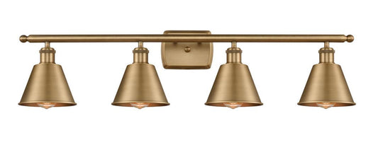 4-Light 36" Brushed Brass Bath Vanity Light - Brushed Brass Smithfield Metal Shade - LED Bulbs