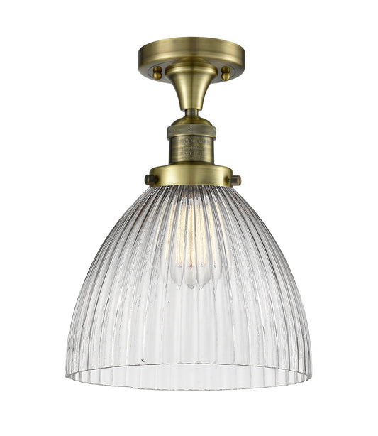 1-Light 9.5" Antique Brass Semi-Flush Mount - Clear Halophane Seneca Falls Glass LED