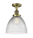 1-Light 9.5" Antique Brass Semi-Flush Mount - Clear Halophane Seneca Falls Glass LED