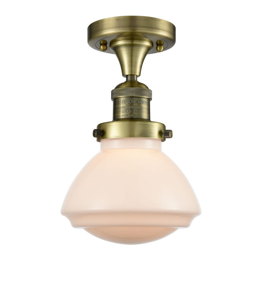 1-Light 6.75" Antique Brass Semi-Flush Mount - Matte White Olean Glass LED