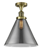 1-Light 12" Antique Brass Semi-Flush Mount - Plated Smoke Cone 12" Glass LED