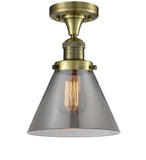 1-Light 7.75" Antique Brass Semi-Flush Mount - Plated Smoke Large Cone Glass LED