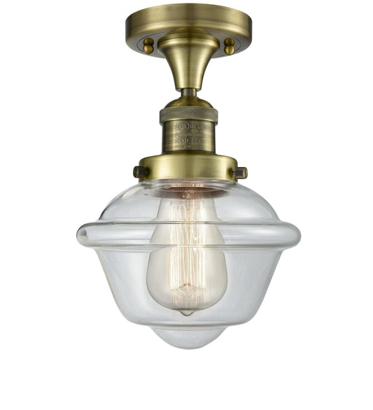 1-Light 7.5" Antique Brass Semi-Flush Mount - Clear Small Oxford Glass LED