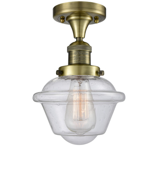1-Light 7.5" Antique Brass Semi-Flush Mount - Seedy Small Oxford Glass LED