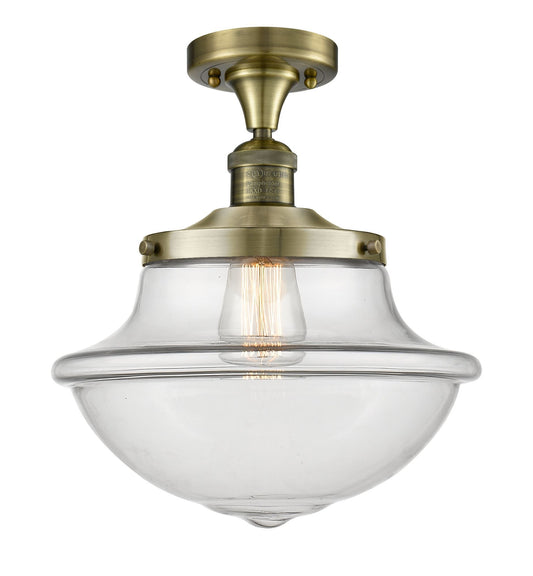 1-Light 11.75" Antique Brass Semi-Flush Mount - Clear Large Oxford Glass LED