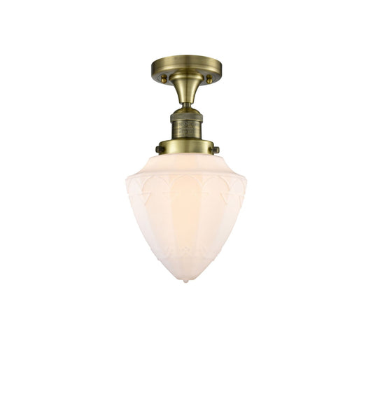 517-1CH-AB-G661-7 1-Light 7" Antique Brass Semi-Flush Mount - Matte White Cased Small Bullet Glass - LED Bulb - Dimmensions: 7 x 7 x 11 - Sloped Ceiling Compatible: No