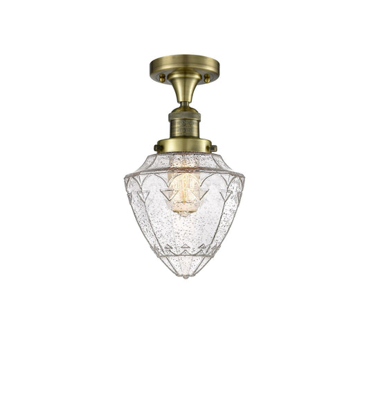 517-1CH-AB-G664-7 1-Light 7" Antique Brass Semi-Flush Mount - Seedy Small Bullet Glass - LED Bulb - Dimmensions: 7 x 7 x 11 - Sloped Ceiling Compatible: No
