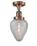 517-1CH-AC-G165 1-Light 7" Antique Copper Semi-Flush Mount - Clear Crackle Geneseo Glass - LED Bulb - Dimmensions: 7 x 7 x 13.5 - Sloped Ceiling Compatible: No