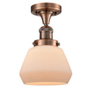 517-1CH-AC-G171 1-Light 6.75" Antique Copper Semi-Flush Mount - Matte White Cased Fulton Glass - LED Bulb - Dimmensions: 6.75 x 6.75 x 10.5 - Sloped Ceiling Compatible: No
