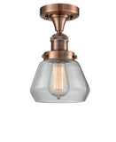 517-1CH-AC-G172 1-Light 6.75" Antique Copper Semi-Flush Mount - Clear Fulton Glass - LED Bulb - Dimmensions: 6.75 x 6.75 x 10.5 - Sloped Ceiling Compatible: No