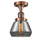 517-1CH-AC-G173 1-Light 6.75" Antique Copper Semi-Flush Mount - Plated Smoke Fulton Glass - LED Bulb - Dimmensions: 6.75 x 6.75 x 10.5 - Sloped Ceiling Compatible: No