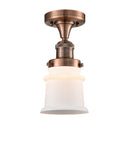 517-1CH-AC-G181S 1-Light 6" Antique Copper Semi-Flush Mount - Matte White Small Canton Glass - LED Bulb - Dimmensions: 6 x 6 x 11.5 - Sloped Ceiling Compatible: No