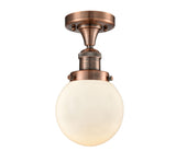 517-1CH-AC-G201-6 1-Light 6" Antique Copper Semi-Flush Mount - Matte White Cased Beacon Glass - LED Bulb - Dimmensions: 6 x 6 x 11.25 - Sloped Ceiling Compatible: No