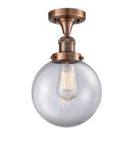 1-Light 8" Beacon Semi-Flush Mount - Globe-Orb Clear Glass - Choice of Finish And Incandesent Or LED Bulbs
