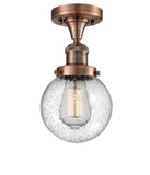 517-1CH-AC-G204-6 1-Light 6" Antique Copper Semi-Flush Mount - Seedy Beacon Glass - LED Bulb - Dimmensions: 6 x 6 x 11.25 - Sloped Ceiling Compatible: No