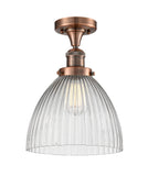517-1CH-AC-G222 1-Light 9.5" Antique Copper Semi-Flush Mount - Clear Halophane Seneca Falls Glass - LED Bulb - Dimmensions: 9.5 x 9.5 x 13 - Sloped Ceiling Compatible: No