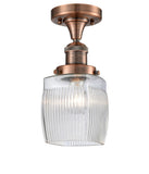 517-1CH-AC-G302 1-Light 5.5" Antique Copper Semi-Flush Mount - Thick Clear Halophane Colton Glass - LED Bulb - Dimmensions: 5.5 x 5.5 x 10 - Sloped Ceiling Compatible: No
