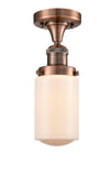 517-1CH-AC-G311 1-Light 4.5" Antique Copper Semi-Flush Mount - Matte White Cased Dover Glass - LED Bulb - Dimmensions: 4.5 x 4.5 x 11.75 - Sloped Ceiling Compatible: No